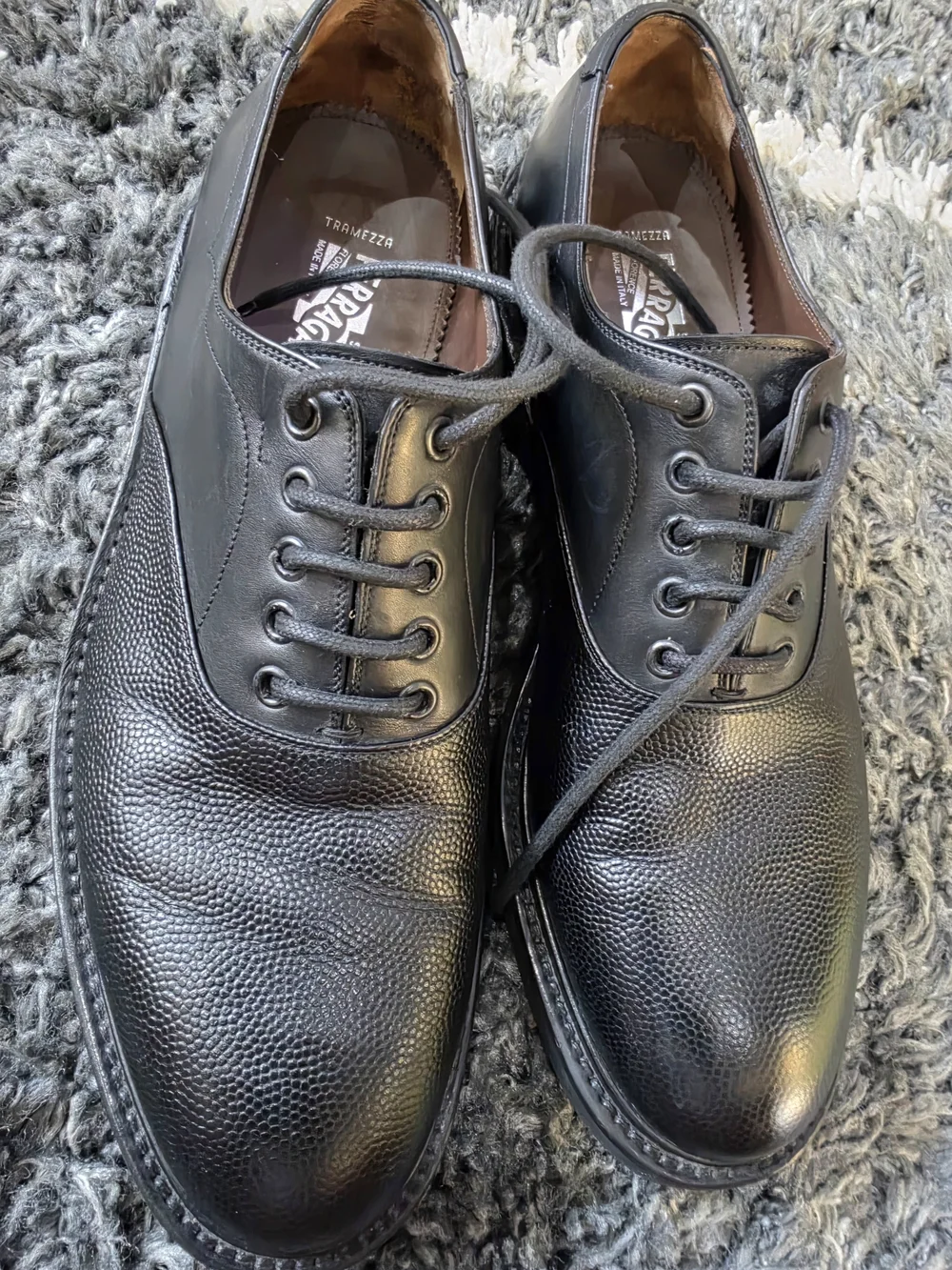 Ferragamo Tramezza Size 9.5M Pebble Leather Plain Toe Oxfords Shoes Black
